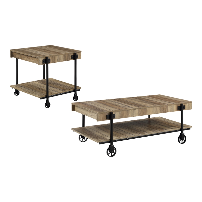 Furniture of America Acres Wood Rustic Oak 2-Piece Coffee Table Set with Wheels