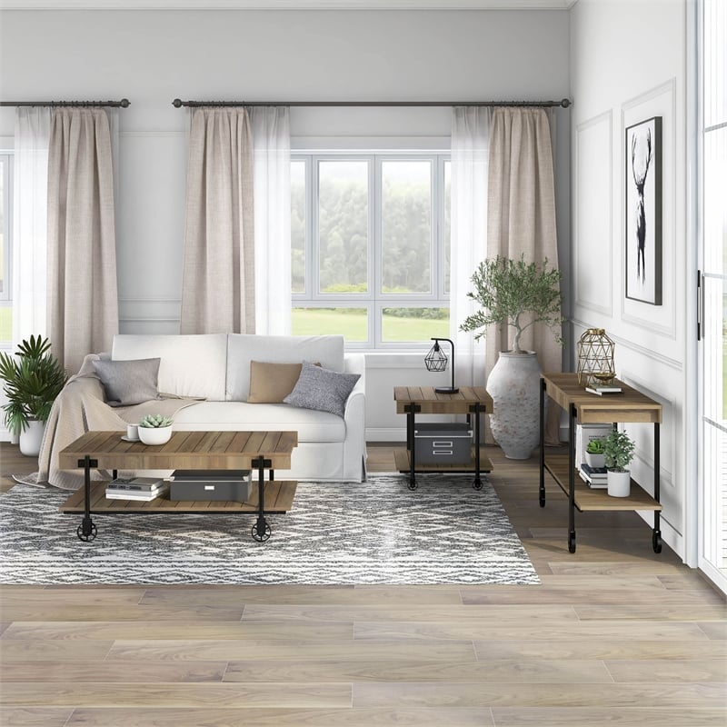 Furniture of America Acres Wood Rustic Oak 3-Piece Coffee Table Set with Wheels