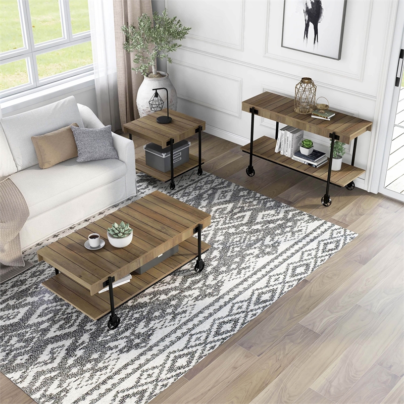 Furniture of America Acres Wood Rustic Oak 3-Piece Coffee Table Set with Wheels