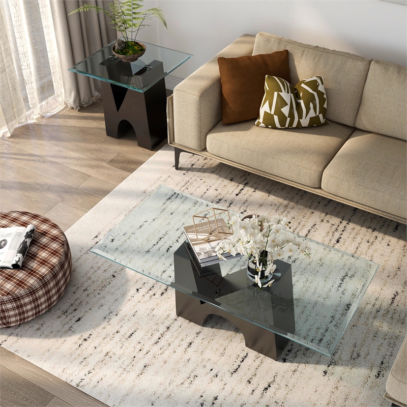 Furniture of America Fern Metal and Glass Top 2-Piece Coffee Table Set in Black