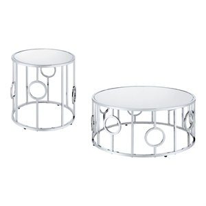 furniture of america harper metal and mirror top chrome 2-piece coffee table set
