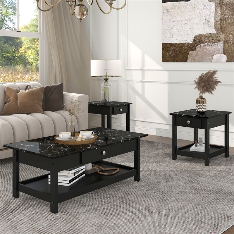 Furniture of America Histe Wood Storage 3-Piece Coffee Table Set in Black