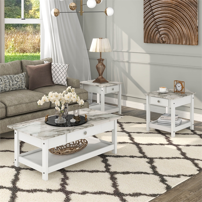Furniture of America Histe Wood Storage 3-Piece Coffee Table Set in White