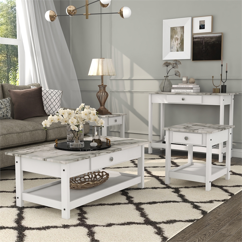 Furniture of America Histe Wood Storage 4-Piece Coffee Table Set in White