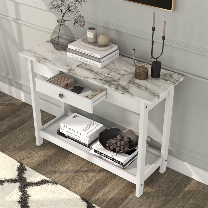 Furniture of America Histe Faux Marble and Wood 1-Drawer Sofa Table in White