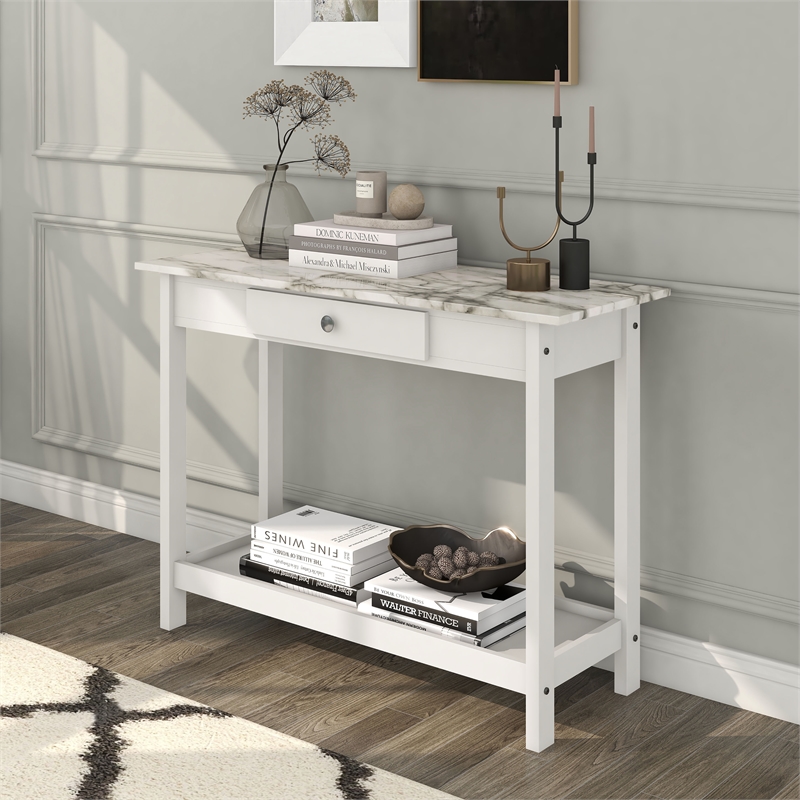 Furniture of America Histe Faux Marble and Wood 1-Drawer Sofa Table in White