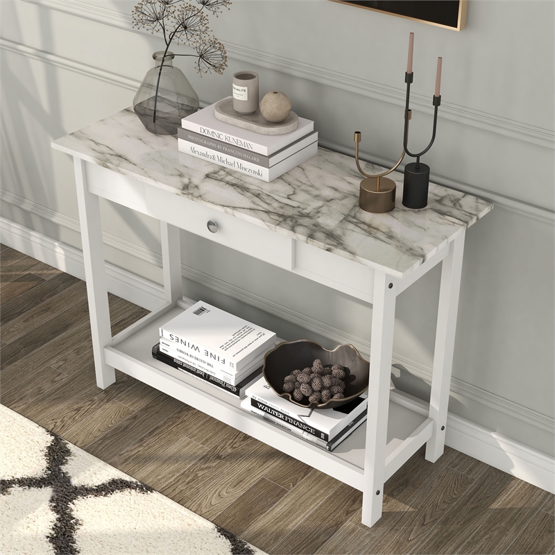 Furniture of America Histe Faux Marble and Wood 1-Drawer Sofa Table in White