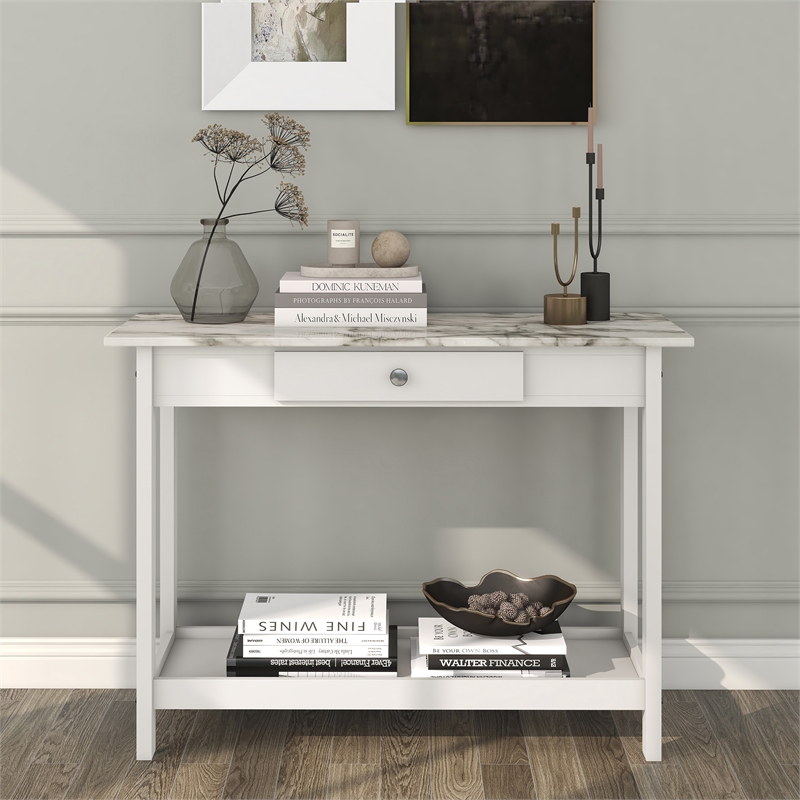 Furniture of America Histe Faux Marble and Wood 1-Drawer Sofa Table in White