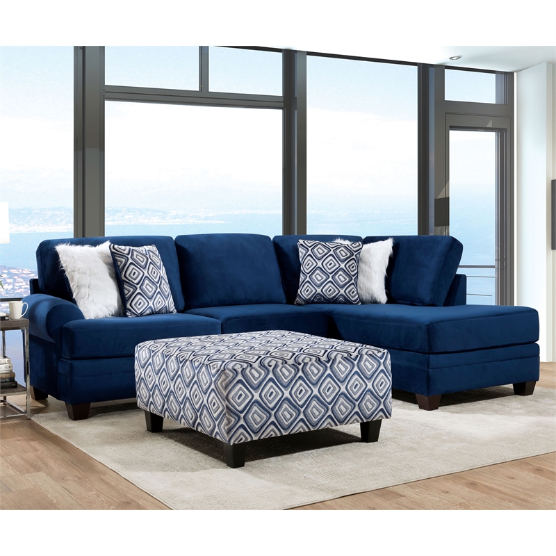 Furniture of America Rena Microfiber L-Shaped Sectional with Ottoman in Navy