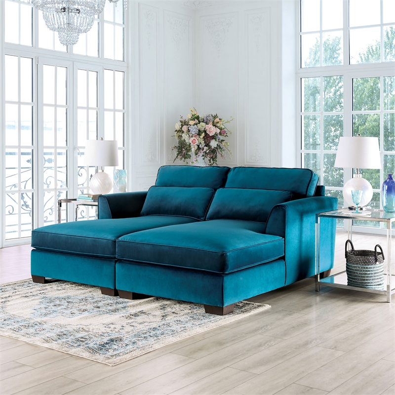 Furniture of America Mauri Fabric Upholstered Teal Sectional with Double Chaise