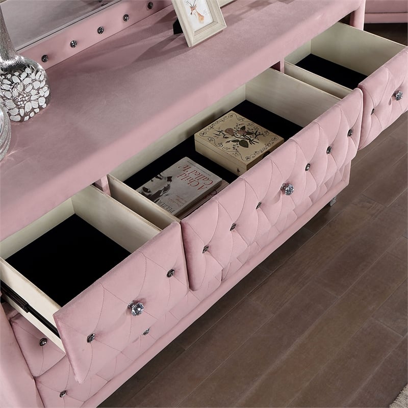 FOA Gijit 5pc Pink Fabric Bedroom Set - Queen + 2 Nightstands + Dresser + Mirror