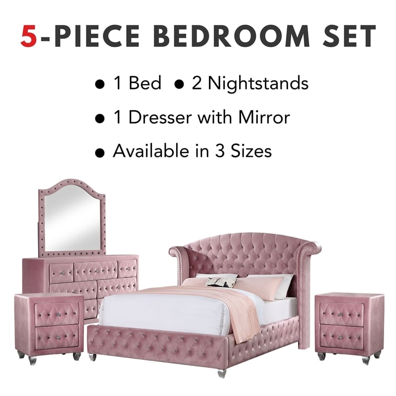 FOA Gijit 5pc Pink Fabric Bedroom Set - Queen + 2 Nightstands + Dresser + Mirror