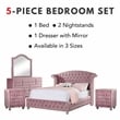 FOA Gijit 5pc Pink Fabric Bedroom Set - Queen + 2 Nightstands + Dresser + Mirror