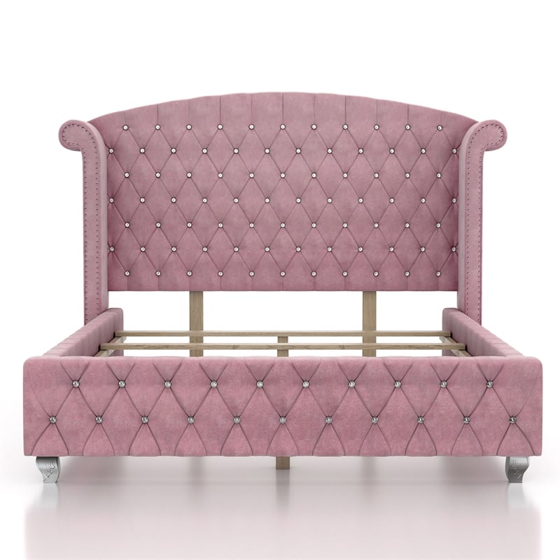 FOA Gijit 5pc Pink Fabric Bedroom Set - Queen + 2 Nightstands + Dresser + Mirror