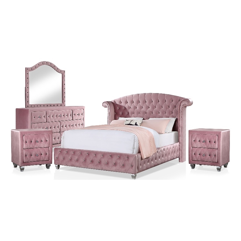 FOA Gijit 5pc Pink Fabric Bedroom Set - Queen + 2 Nightstands + Dresser + Mirror