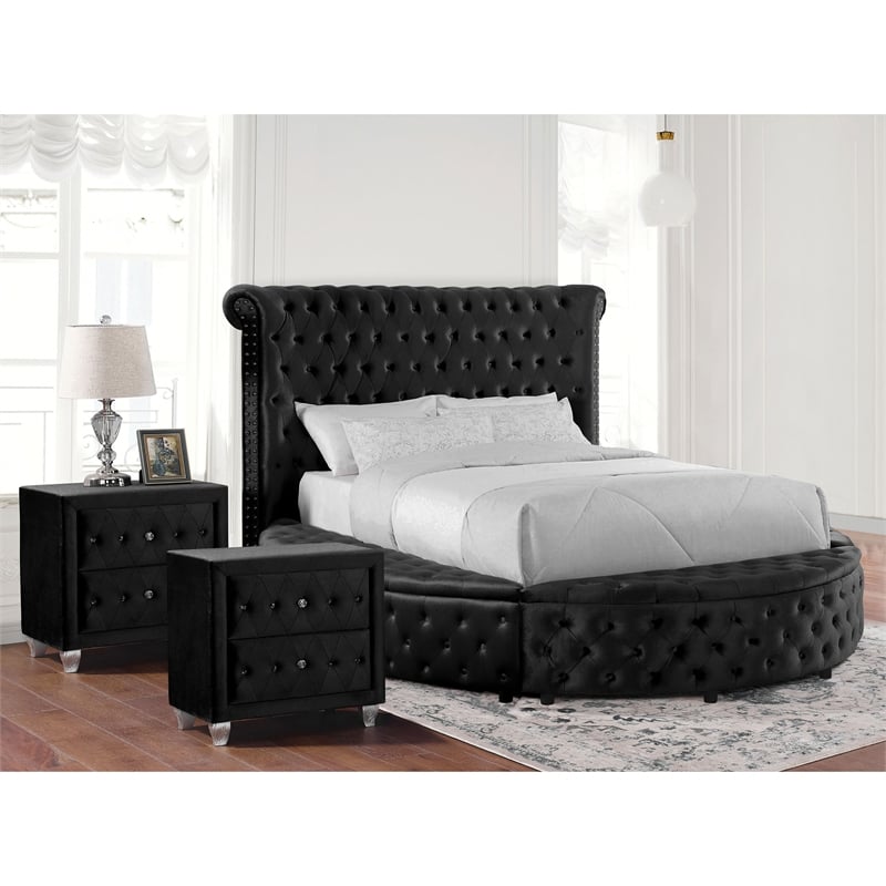 Furniture of America Vriam 3pc Black Fabric Bedroom Set - Queen + 2 Nightstands