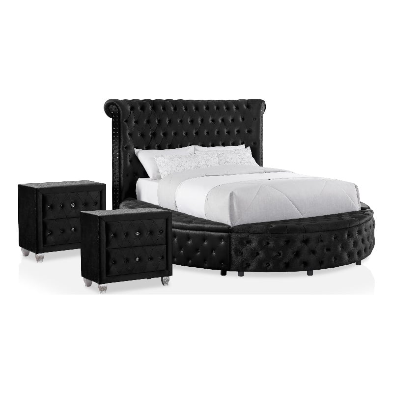 Furniture of America Vriam 3pc Black Fabric Bedroom Set - Queen + 2 Nightstands