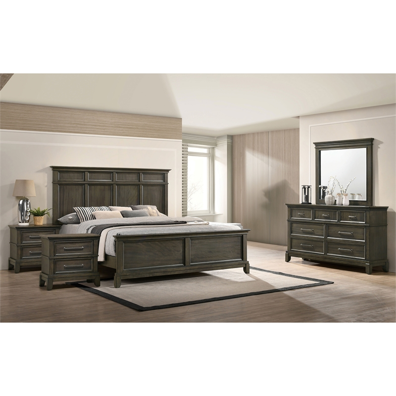 FOA Parro 5pc Gray Wood Bedroom Set - Queen + 2 Nightstands + Dresser + Mirror