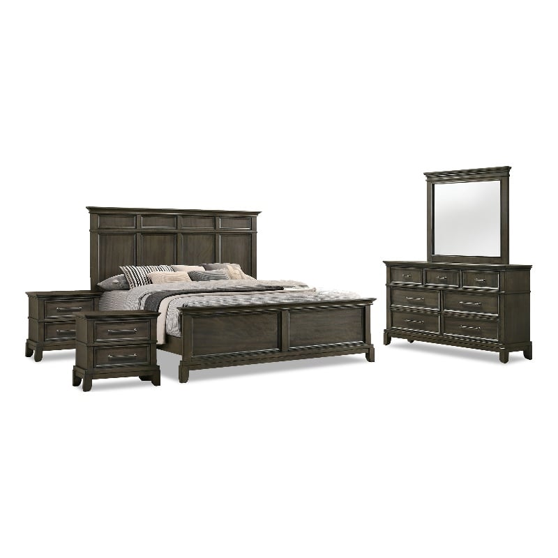FOA Parro 5pc Gray Wood Bedroom Set - Queen + 2 Nightstands + Dresser + Mirror