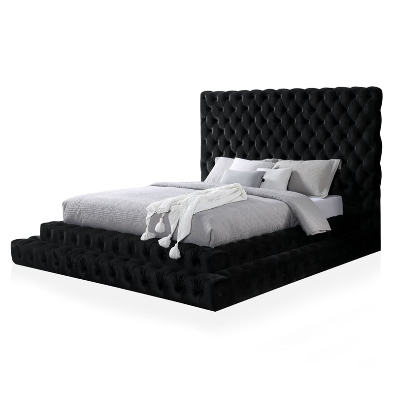 FOA Biron 3pc Black Fabric Upholstered Bedroom Set - King + 2 Nightstands