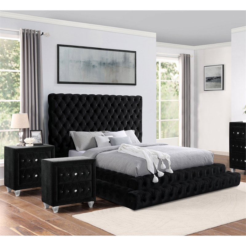 FOA Biron 3pc Black Fabric Upholstered Bedroom Set - King + 2 Nightstands
