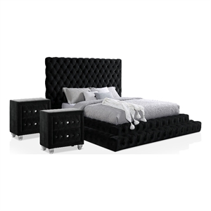 FOA Biron 3pc Black Fabric Upholstered Bedroom Set - King + 2 Nightstands