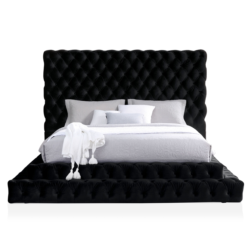 FOA Biron 3pc Black Fabric Upholstered Bedroom Set - Queen + 2 Nightstands