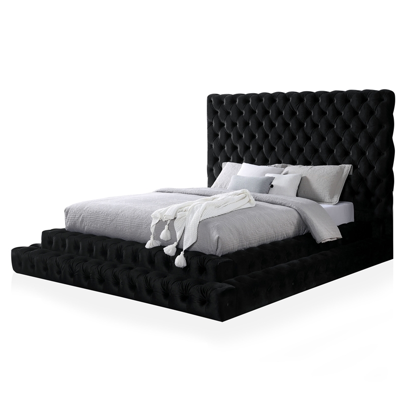 FOA Biron 3pc Black Fabric Upholstered Bedroom Set - Queen + 2 Nightstands