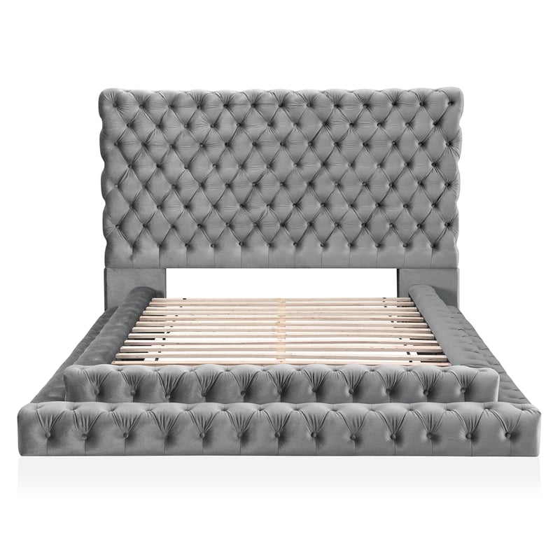 FOA Biron 3pc Gray Fabric Upholstered Bedroom Set - King + 2 Nightstands