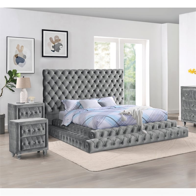 FOA Biron 3pc Gray Fabric Upholstered Bedroom Set - King + 2 Nightstands