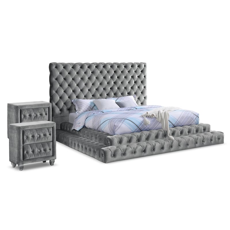 FOA Biron 3pc Gray Fabric Upholstered Bedroom Set - King + 2 Nightstands