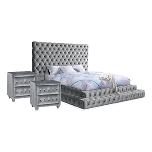 FOA Biron 3pc Gray Fabric Upholstered Bedroom Set - King + 2 Nightstands