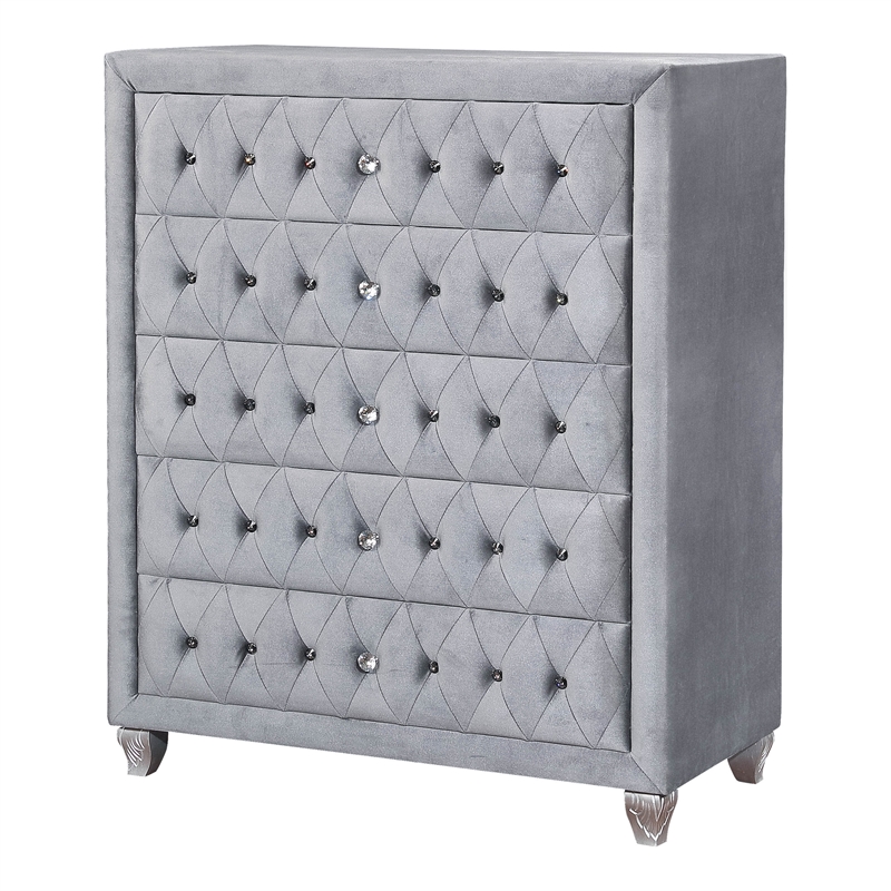 FOA Biron 6pc Gray Fabric Bed Set- CalKing+2 Nightstands+Chest+Dresser+Mirror