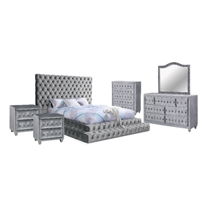FOA Biron 6pc Gray Fabric Bed Set- CalKing+2 Nightstands+Chest+Dresser+Mirror