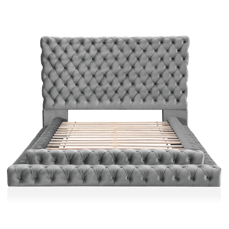 FOA Biron 6pc Gray Fabric Bed Set - King+2 Nightstands+Chest+Dresser+Mirror