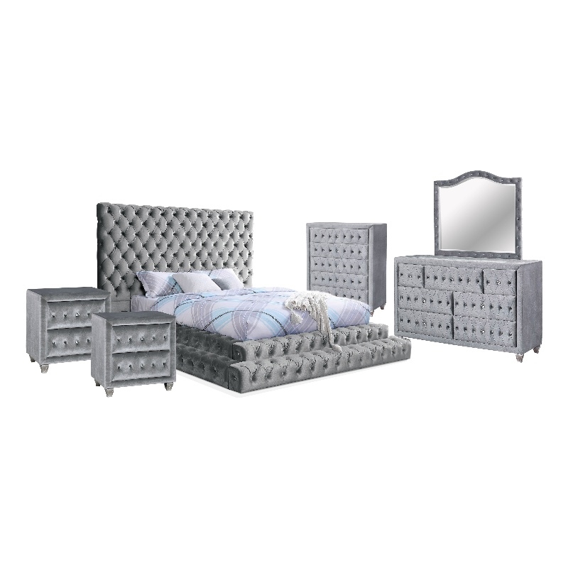 FOA Biron 6pc Gray Fabric Bed Set - King+2 Nightstands+Chest+Dresser+Mirror