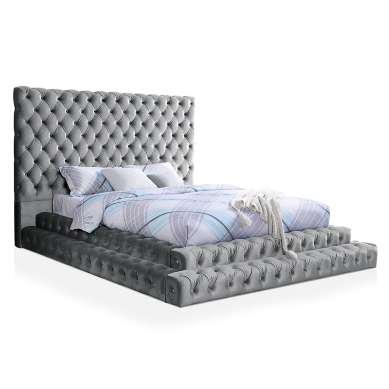 FOA Biron 6pc Gray Fabric Bed Set - Queen+2 Nightstands+Chest+Dresser+Mirror