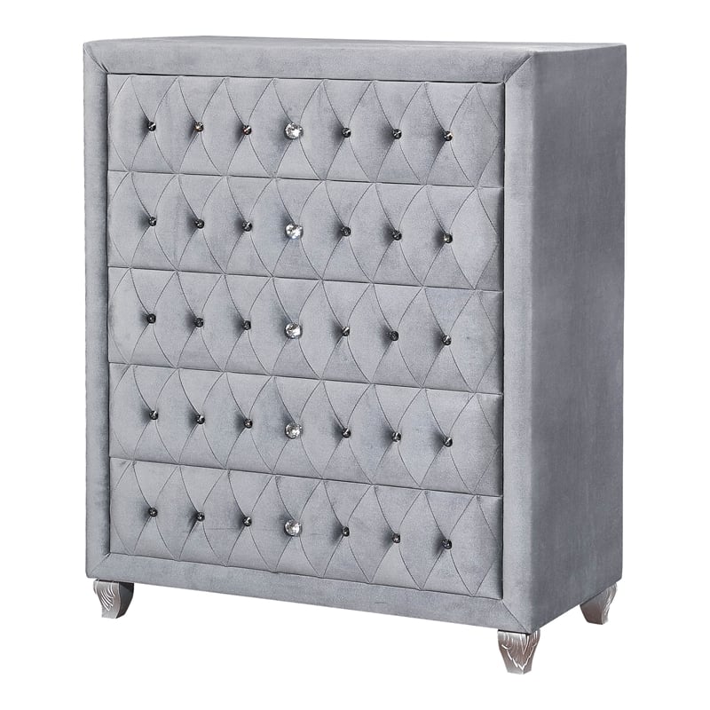 FOA Biron 6pc Gray Fabric Bed Set - Queen+2 Nightstands+Chest+Dresser+Mirror