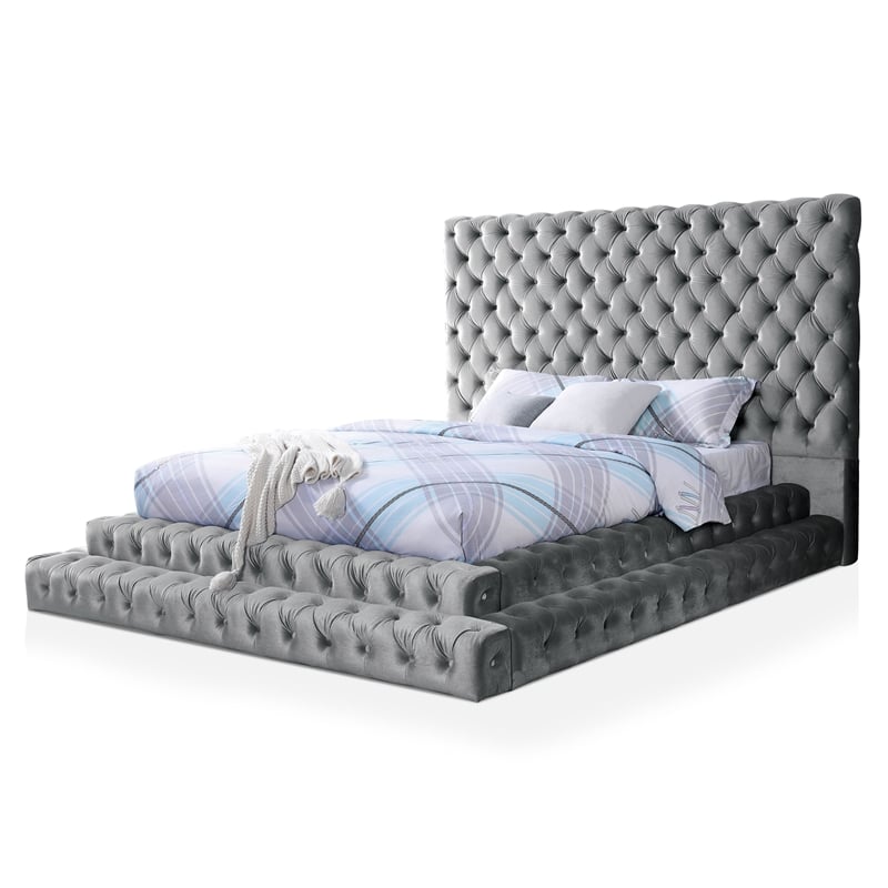 FOA Biron 5pc Gray Fabric Bedroom Set - King+2 Nightstands+Dresser+Mirror