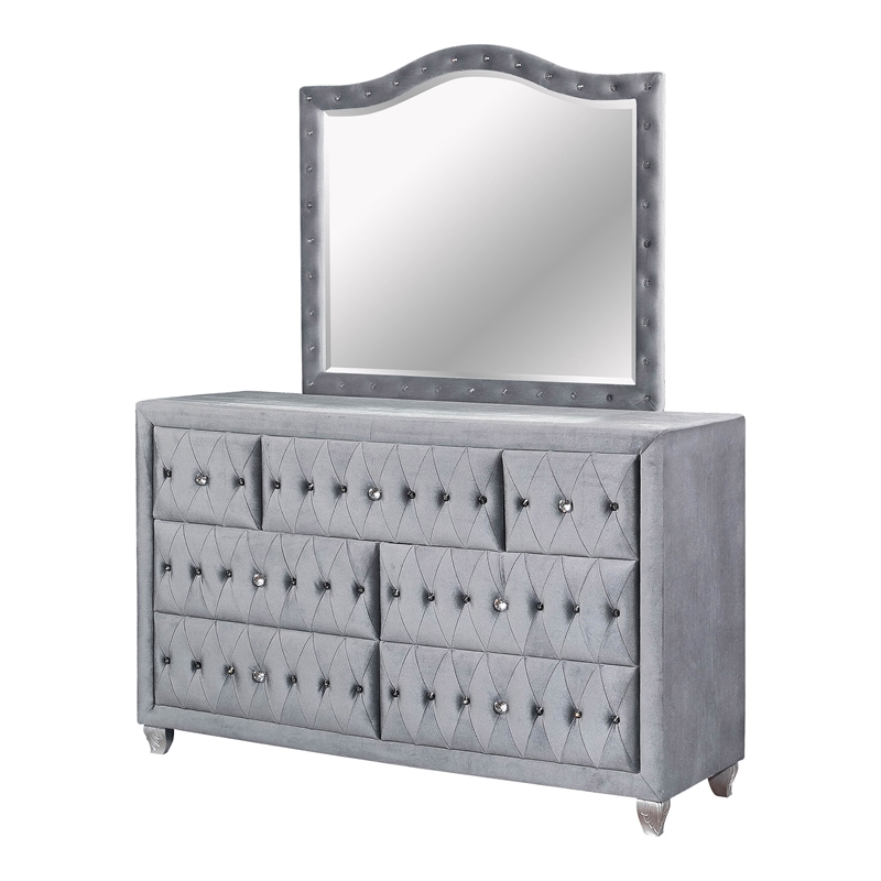 FOA Biron 5pc Gray Fabric Bedroom Set - King+2 Nightstands+Dresser+Mirror