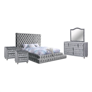 FOA Biron 5pc Gray Fabric Bedroom Set - Queen+2 Nightstands+Dresser+Mirror