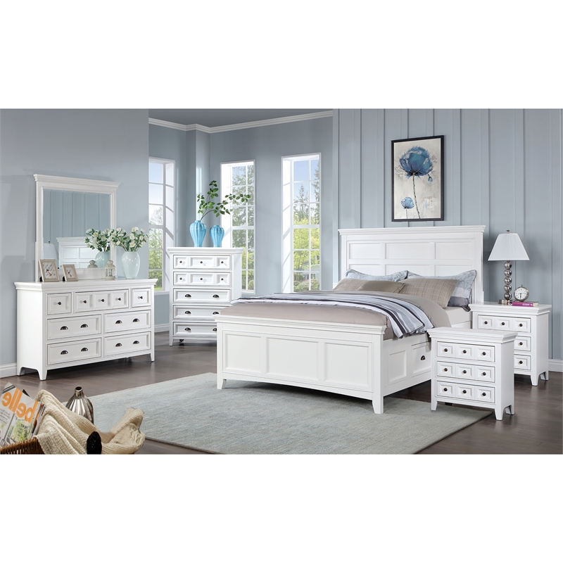 FOA Ender 6pc White Wood Bedroom Set - Queen+2 Nightstands+Chest+Dresser+Mirror