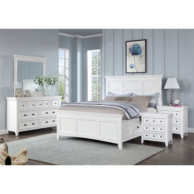 FOA Ender 5pc White Wood Bedroom Set - Queen + 2 Nightstands + Dresser + Mirror