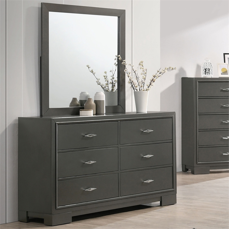 Furniture of America Santi Wood 6-Drawer Dresser with Mirror in Gray