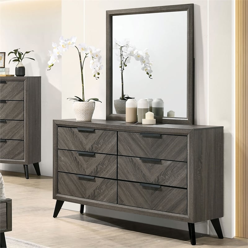 Furniture of America Hean Wood 6-Drawer Dresser with Mirror in Gray