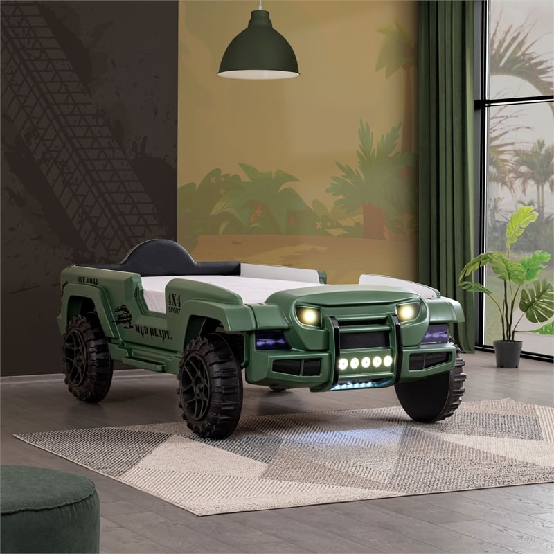 Furniture of America Abest Plastic Off Road Race Car Twin Kid's Bed in Green