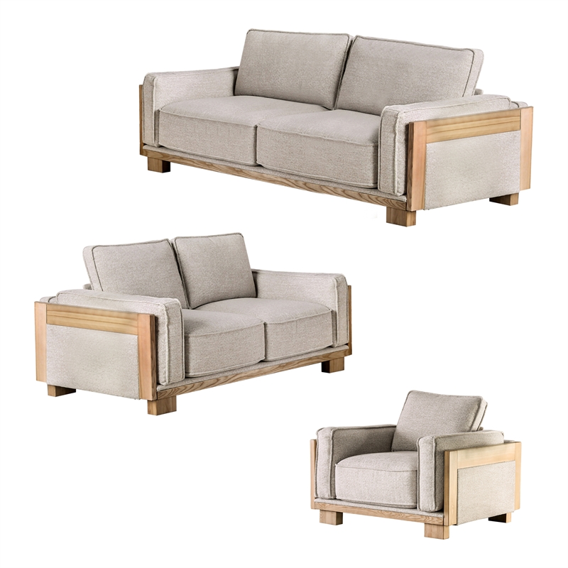 Furniture of America Hart Fabric Upholstered 3-Piece Sofa Set in Light Brown