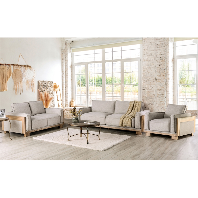 Furniture of America Hart Fabric Upholstered 3-Piece Sofa Set in Light Brown