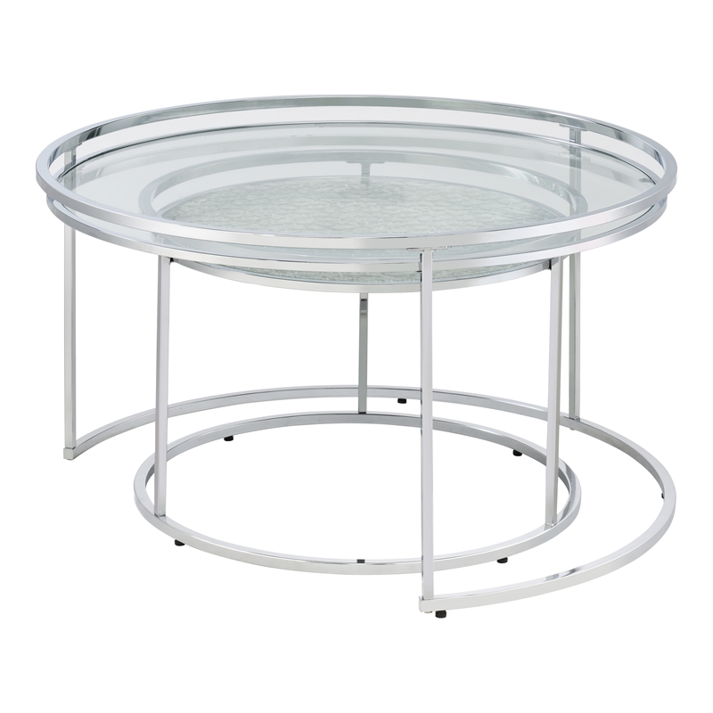 Furniture of America Vroma Metal Glass Top 2-Piece Nesting Tables Set in Chrome
