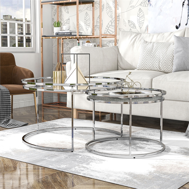 Furniture of America Vroma Metal Glass Top 2-Piece Nesting Tables Set in Chrome